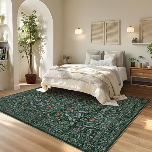 GarveeHome Dark Green Floral 8x10 Washable Area Rug Living Room Bedroom