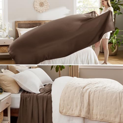 Bedsure 100% Cotton Blanket, Herringbone Weave, Queen Size, Brown