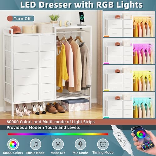 HIGDBFE 8-Drawer Dresser with Hanging Rack for Bedroom, White, 11.8" D