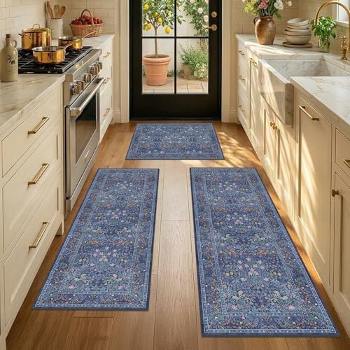 JTJ Kitchen Rugs Set of 3, Blue Vintage Kitchen Mats, Washable Runner