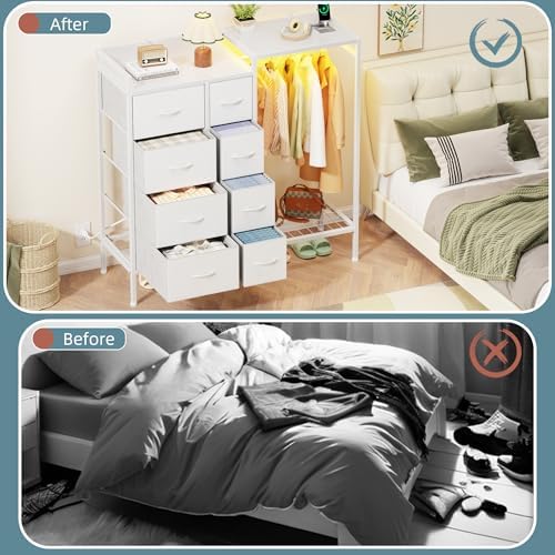 HIGDBFE 8-Drawer Dresser with Hanging Rack for Bedroom, White, 11.8" D