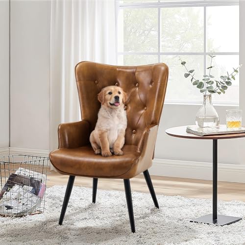 Furnimart Accent Chairs Set of 2, Brown PU Leather Reading Armchair with High...