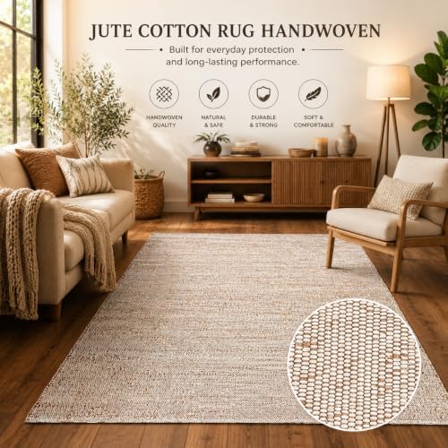 Jute Cotton Area Rug, Hand Woven Traditional Farmhouse Rug for Living Room, B...
