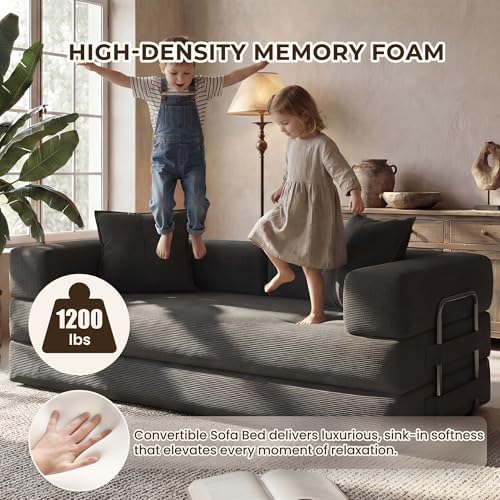 GRUSIGN 78" 5-in-1 Convertible Futon Sofa Bed, Boneless Corduroy, Gray