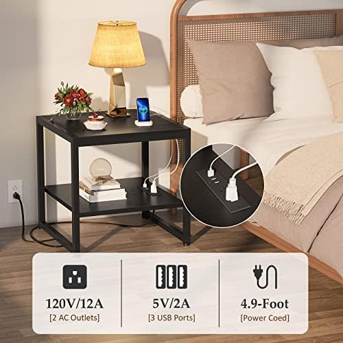 Homieasy End Table with Charging Station, 20" Mini Fridge Stand, Black