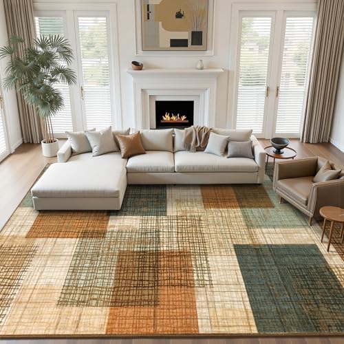 8x10 Washable Area Rug for Living Room Modern Geometric Patchwork Orange