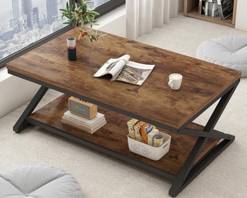 HSH 47" Rectangle Coffee Table with Storage for Living Room, Rustic Brown