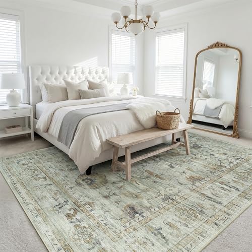 Washable Area Rug 8x10, Sage Green Gold Gray Vintage Rug for Living Room
