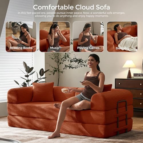 79" Convertible Futon Sofa Bed, Boneless Couch for Living Room | Orange