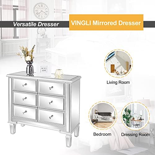 VINGLI Mirrored Dresser for Bedroom with 6 Storage Drawer Modern Chest of Dra...