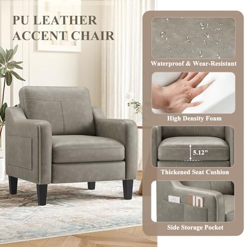 MALOL PU Leather Accent Chair Set of 2 with Solid Wood Frame, Grey