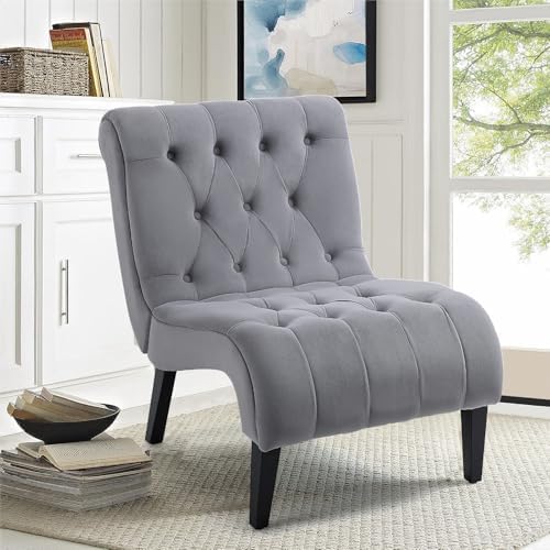 AVAWING Armless Tufted Velvet Accent Chair with Wood Legs, Grey