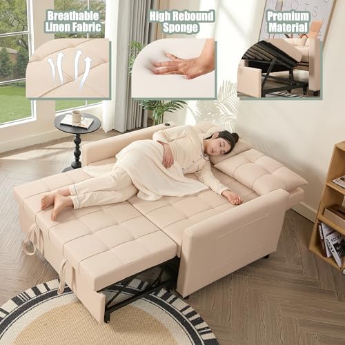 GOSUHI 52" 3-in-1 Convertible Sleeper Sofa Bed, Linen, Beige