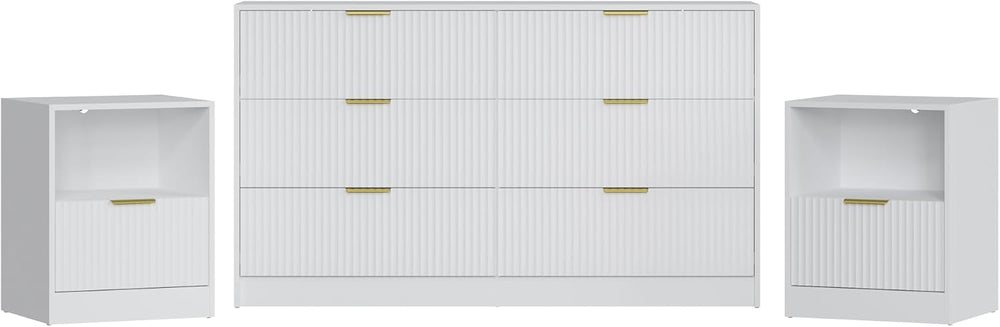3-Piece Modern Bedroom Furniture Set, White丨6-Drawer Dresser & 1-Drawer N...