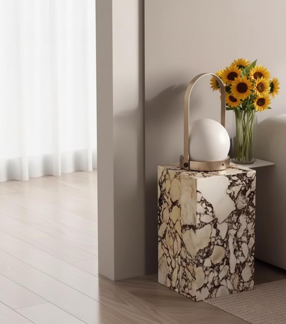 Natural Calacatta Viola Marble Side Table, 11.8" Square End Table for Li...