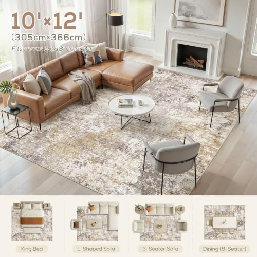 Nakagishi 10X12 Abstract Washable Area Rugs for Living Room-Golden Brown