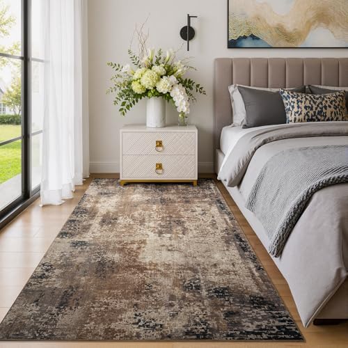 Merelax 4x6 Brown Red Washable Area Rug Non-Slip Faux Wool Abstract Carpet