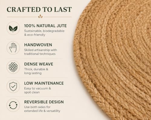 5 ft Round Handwoven 100% Natural Jute Area Rug, Reversible