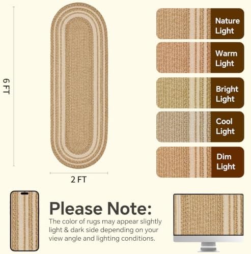 RCTJHOME 2x6 Oval Braided Runner Rug, Natural Color Farmhouse Kitchen Mat
