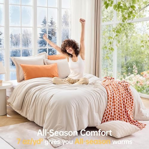 MUXHOMO Oversized King Comforter Set, 3-Piece All-Season Bedding, Beige