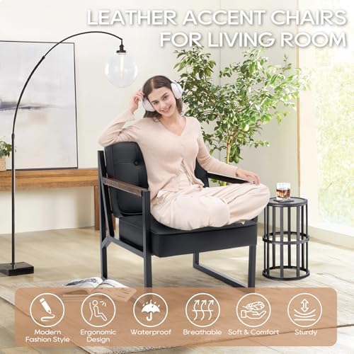COLAMY Black Leather Accent Chair, Accent Arm Chair for Living Room, Comfy Ar...