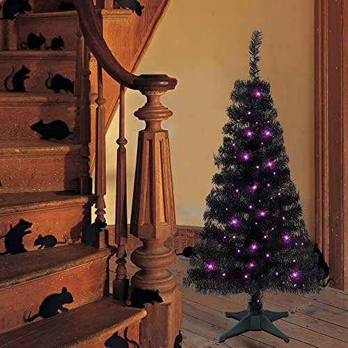 Juegoal Lighted Artificial Halloween Black Christmas Tree, 4FT Black Tinsel P...