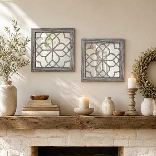 Boho Wall Mirror Decor, Set of 2 Rustic Farmhouse Accent Mirrors 12x12 Inch, ...
