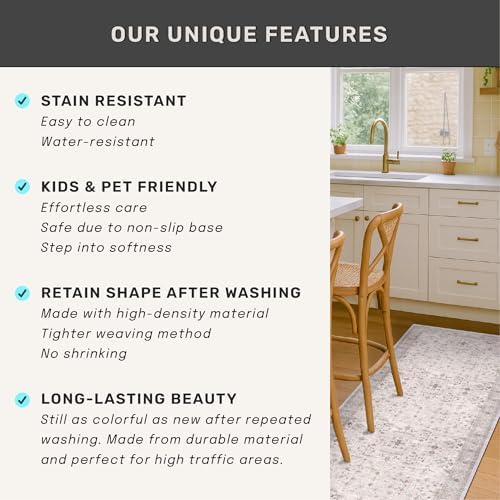 Light Gray & Sage Living Room Rug 8x10 - Washable Boho Low Pile Large Are...