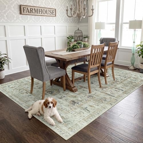Washable Area Rug 8x10, Sage Green Gold Gray Vintage Rug for Living Room