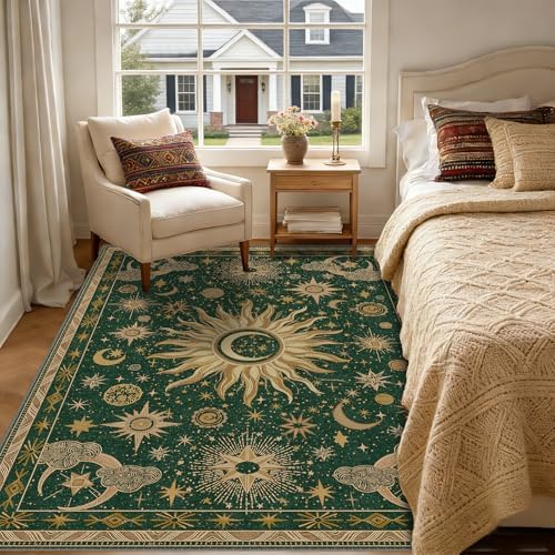 Vacuum-Friendly, 5x7 Washable Area Rug, Green Gold Yellow