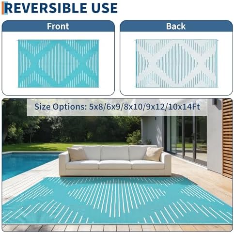 Garvee Waterproof Outdoor Rug 9x12 Plastic Reversible Rug Light Blue White