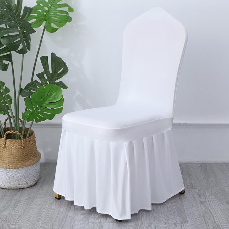 10pcs Pleated Skirt Spandex White Chair Cover Hotel Banquet Party Events Wedding Decoration Seat Protector Slip Covers