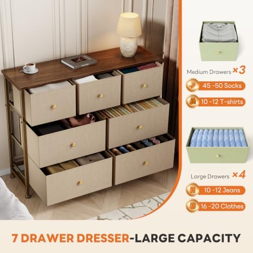Sweetcrispy 7 Drawer Dresser for Bedroom Storage with Fabric Bins, Khaki