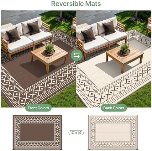 GENIMO Outdoor Rug, Waterproof Plastic Rugs 10'x14' for Camping Coffee