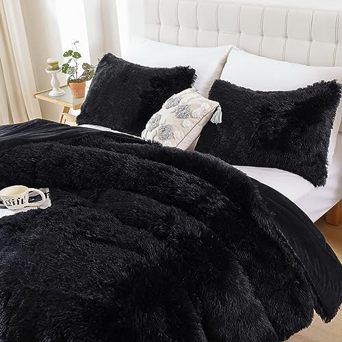 Smoofy Fluffy Queen Comforter Set, Black Faux Fur Comforter Set 3 Pieces
