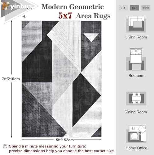 Yinhua Modern Geometric Area Rugs 5x7 Grey Black Rugs for Living Room Washabl...