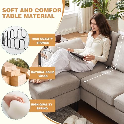3 Piece Convertible Sectional Sofa Set, Modern Linen Small L Shaped Couch wit...