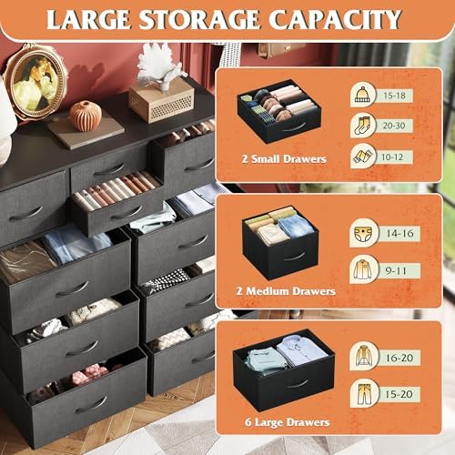 WLIVE 10 Drawer Black Fabric Dresser for Bedroom, Side Pocket & Hooks Chest