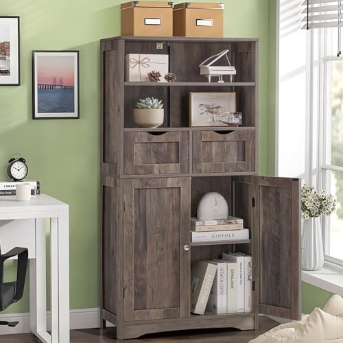 Iwell Tall Storage Cabinet with 2 Drawers & Adjustable Shelf, Bathroom Ca...