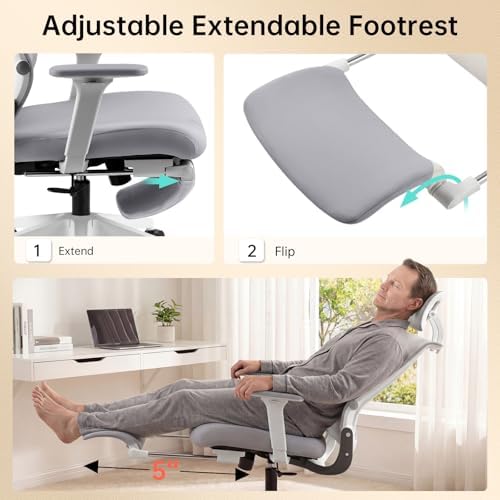 Ergonomic Foldable Office Chair with Footrest and Lumbar Support, Grey