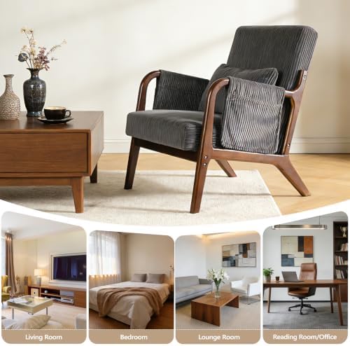Mid Century Modern Accent Chair with Pocket, Solid Wood Armchair, Dark Gray