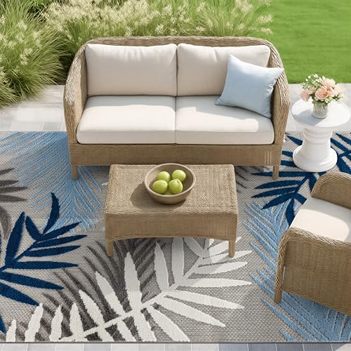 Rugshop Palm Indoor/Outdoor Non-Shedding Deck Patio Area Rug Blue 5' x 7&...