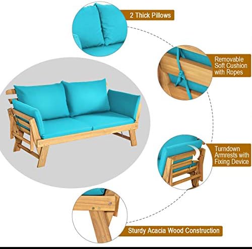 Tangkula Convertible Acacia Wood Patio Sofa Bed with Adjustable Armrest