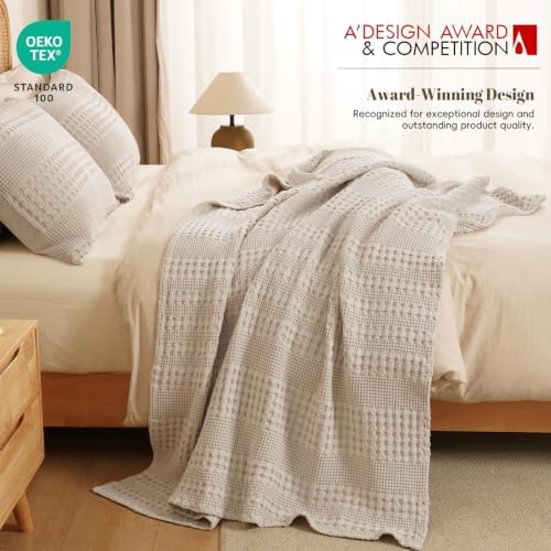 PHF Lightweight 100% Cotton Waffle Throw Blanket for Couch, Light Taupe