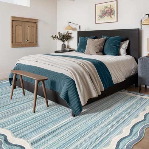 Lahome Estelle Scalloped 8x10 Area Rugs for Living Room, Washable Soft Blue R...