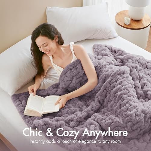 Madison Park Ruched Faux Fur Luxury Throw Lavender 50*60 Premium Soft Cozy Br...
