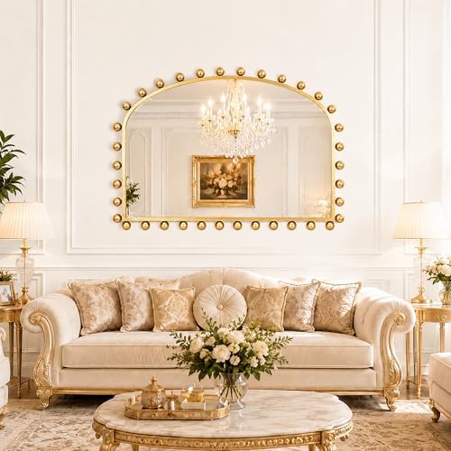 36"x28" Wide Arch Wall Mirror, Antique Gold Ball Frame for Mantel