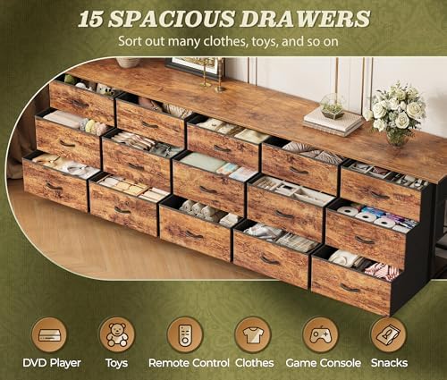 Huuger 78.7 inch Long Dresser for Bedroom, 15 Drawer Fabric Dresser for Close...