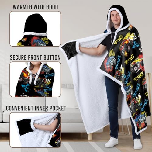 Monster Truck Wearable Blanket Hoodies, Soft Blankets 71×47 In | Soft Hoodies Blankets, Lightweight comfy Wearable Blanket for Pool Bath Swim, Birthday Gifts for Car Lover