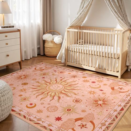 Vacuum-Friendly, 5x7 Washable Area Rug, Pink Gold Beige Red